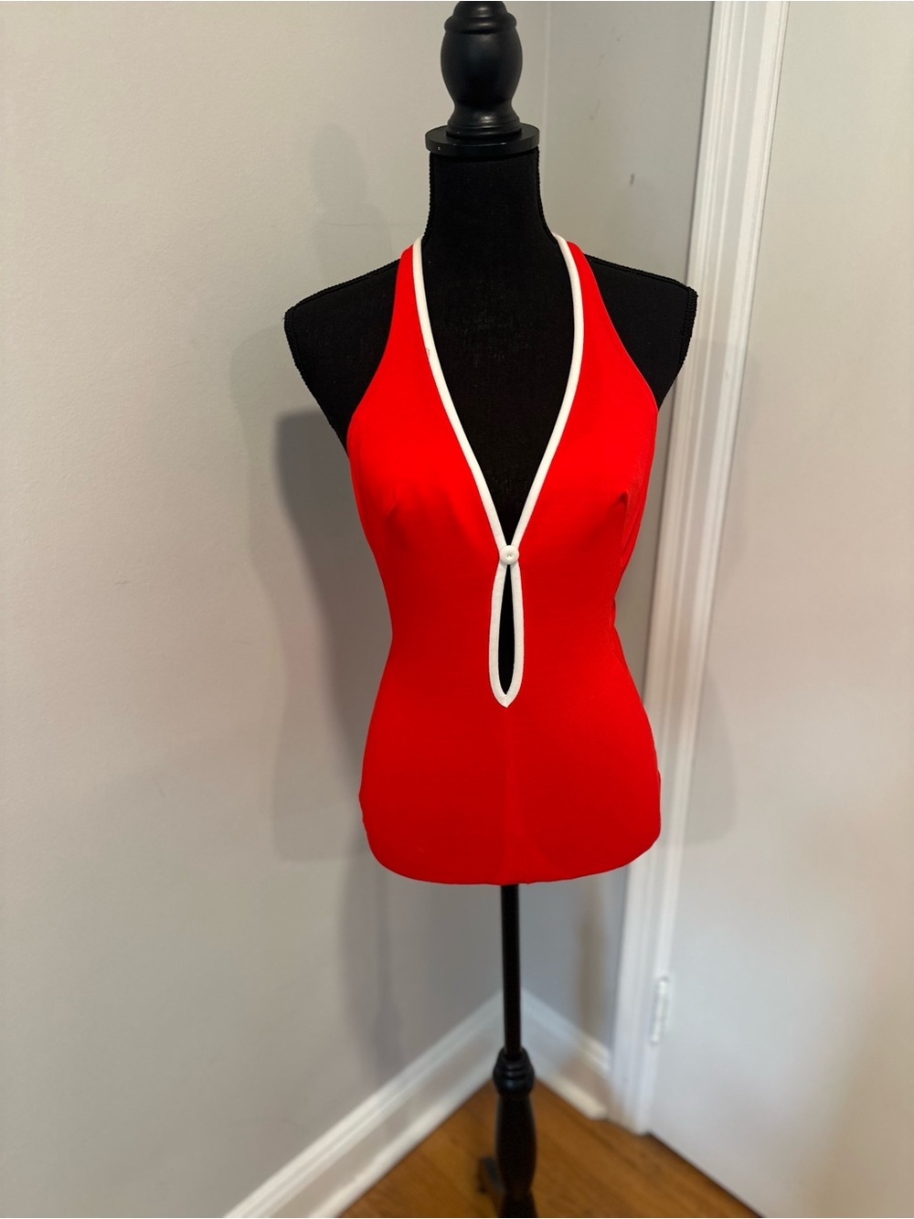 VTG 1960s Shape Lee Mid-century bright red halter one piece Plunging Neckline.